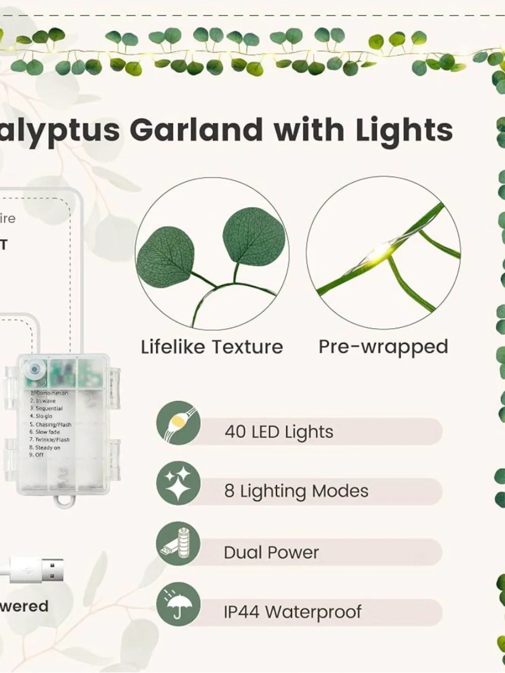 Eucalyptus Leaf LED Garland String Lights - Green